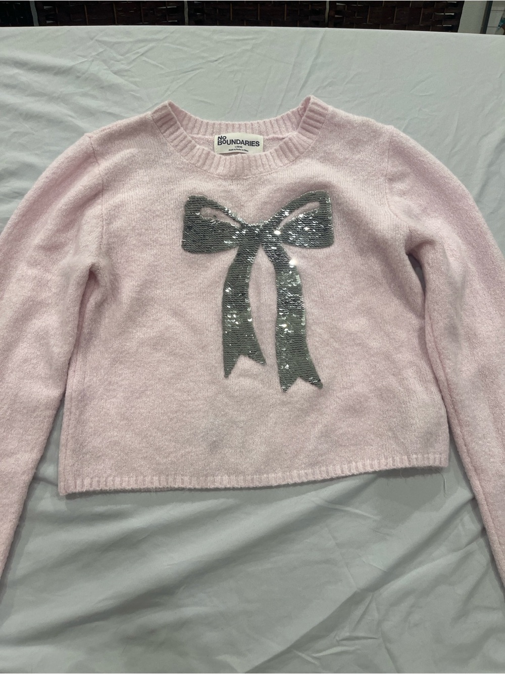 No Boundaries Light Pink Crewneck Sweater with Silver Sequin Bow